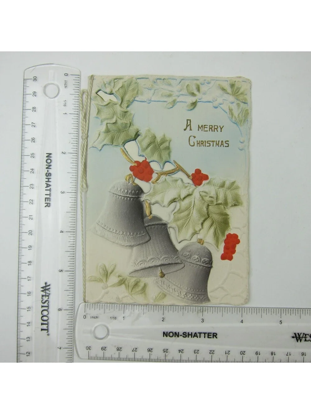 Victorian Card Christmas Die cut Holly Silver Bells 3D Embossed Booklet Antique